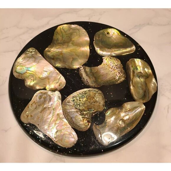 Vintage 8" Round Acrylic Lucite Abalone Sea Shell Footed Trivet Hot Plate | EUC - Picture 1 of 7